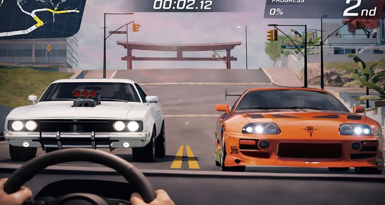 First-person view of a street race with white muscle car and orange sports car