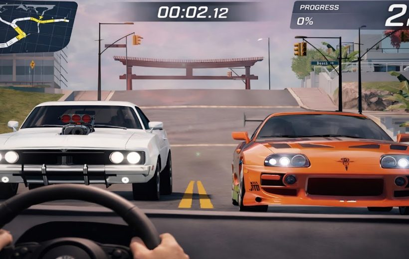 First-person view of a street race with white muscle car and orange sports car