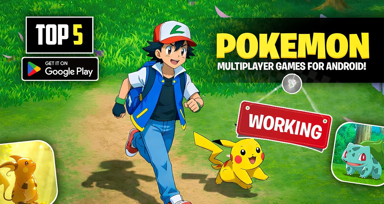 Ash Ketchum running on a path with Pikachu, grass background and game banner