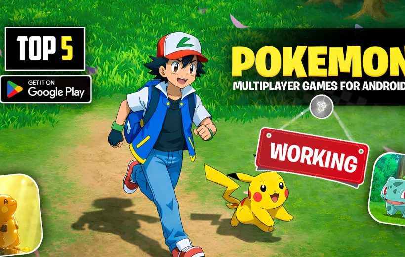 Ash Ketchum running on a path with Pikachu, grass background and game banner