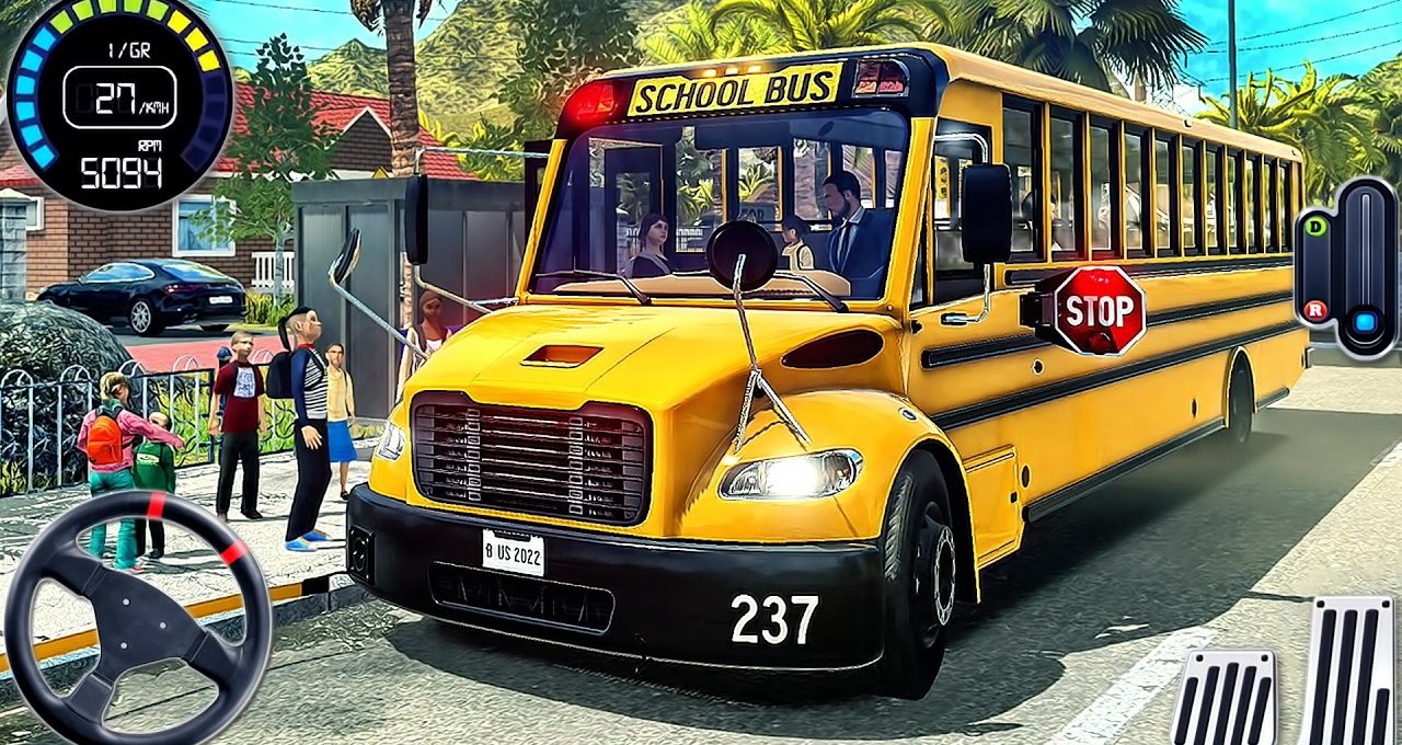 Yellow school bus stopped at curb with children boarding and driver visible inside