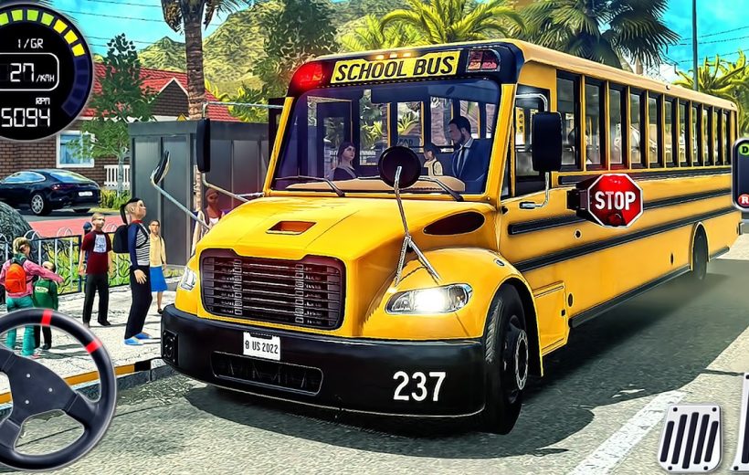 Yellow school bus stopped at curb with children boarding and driver visible inside