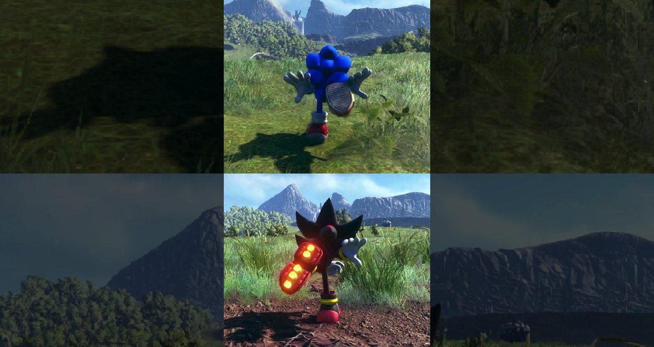 Blue and black hedgehog characters running through grassy field toward distant mountains