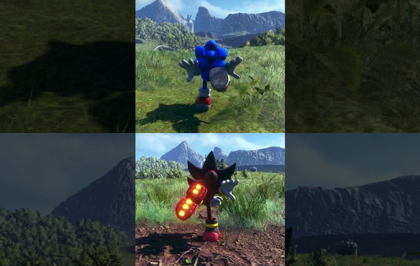 Blue and black hedgehog characters running through grassy field toward distant mountains