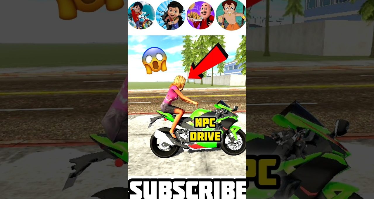 Woman NPC riding a green sport motorcycle on a suburban road with arrow indicator