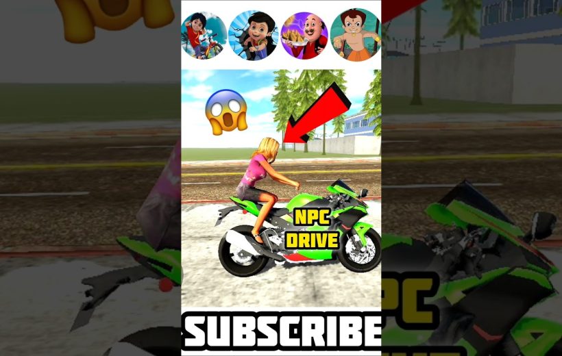 Woman NPC riding a green sport motorcycle on a suburban road with arrow indicator