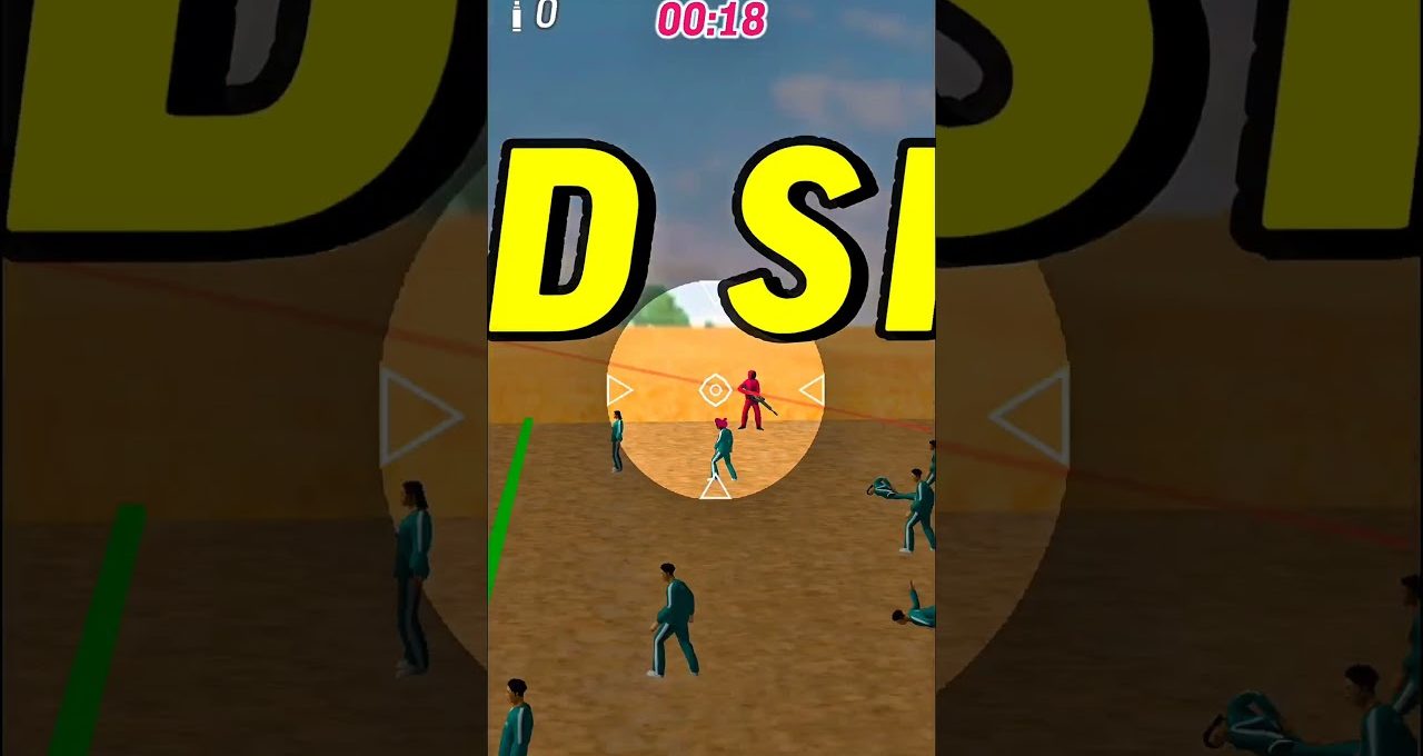 Mobile game screenshot showing player aiming at a red enemy among teal-clad characters