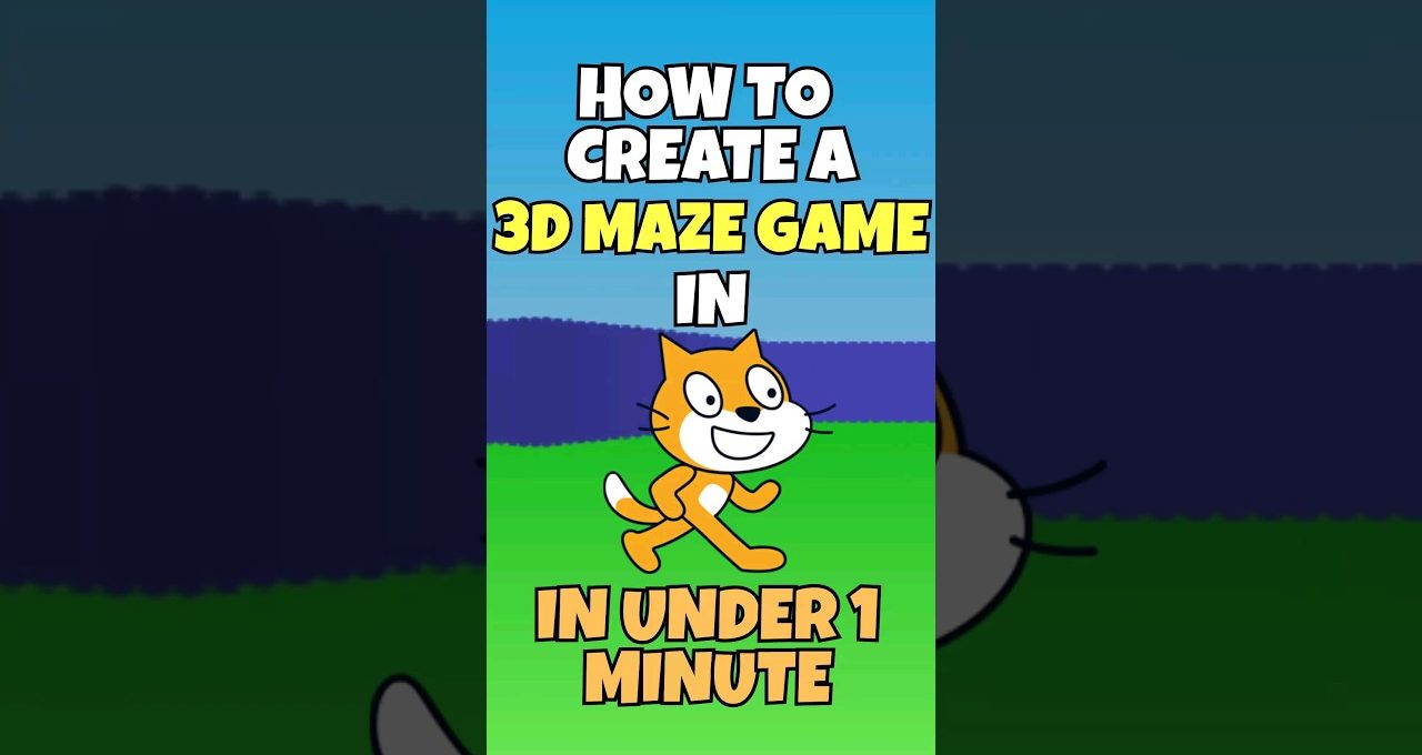Bright cartoon cat running on grass with text "How to create a 3D maze game"