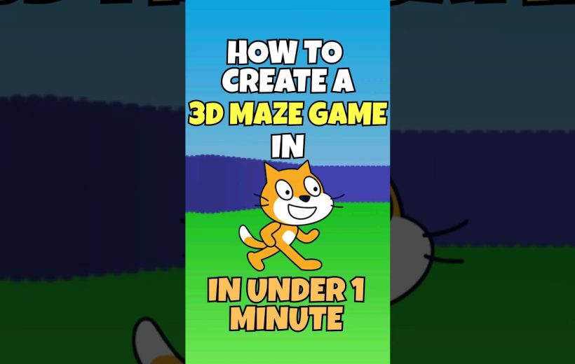 Bright cartoon cat running on grass with text "How to create a 3D maze game"