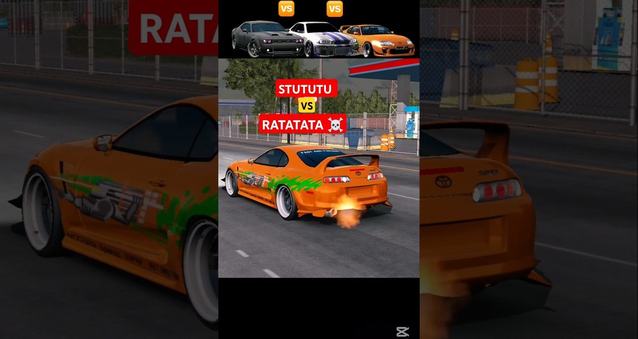 Orange tuned sports car drifting on a city street with flames from exhaust
