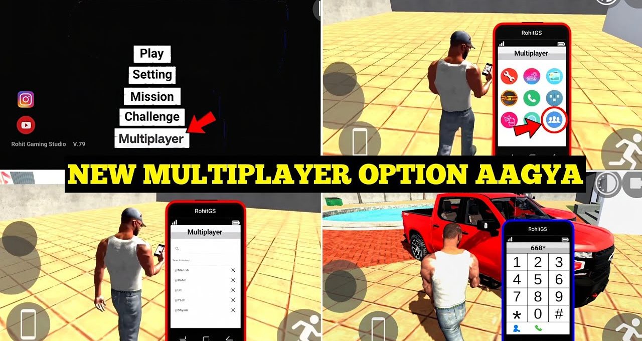 Game screenshots collage showing a new multiplayer menu and player using in-game phone