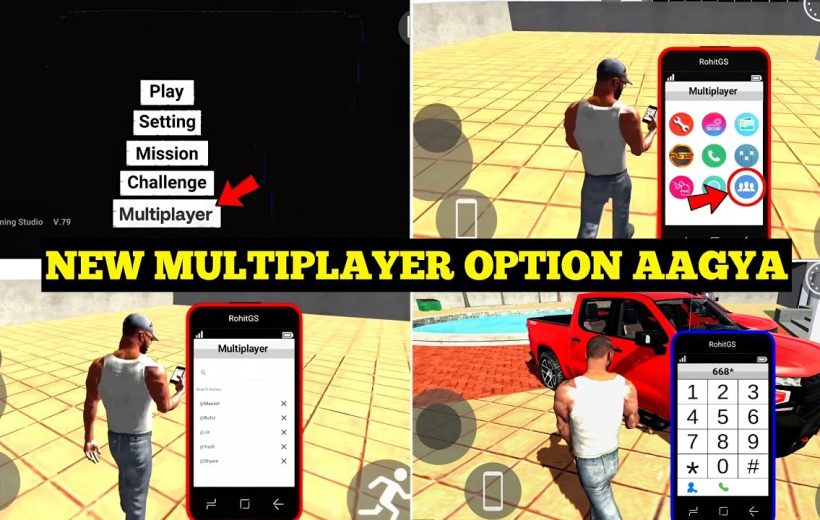 Game screenshots collage showing a new multiplayer menu and player using in-game phone