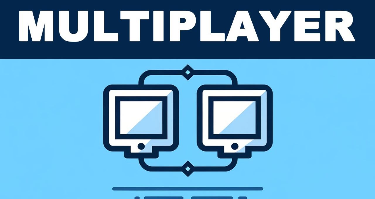 Bold "MULTIPLAYER" banner above two connected computer monitors representing online multiplayer gaming.