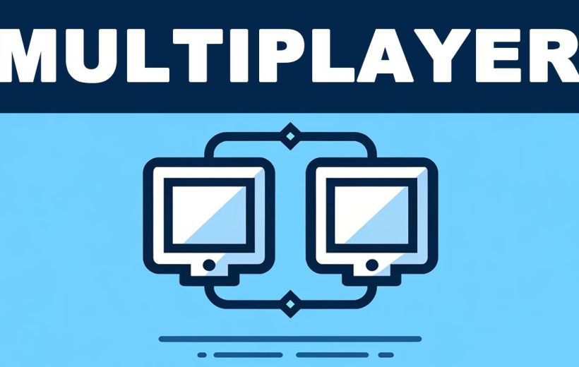 Bold "MULTIPLAYER" banner above two connected computer monitors representing online multiplayer gaming.