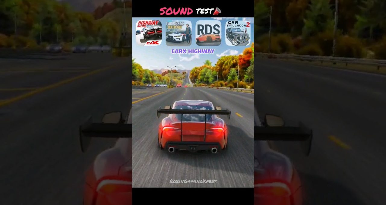Red sports car with large rear wing racing down a tree-lined highway video screenshot