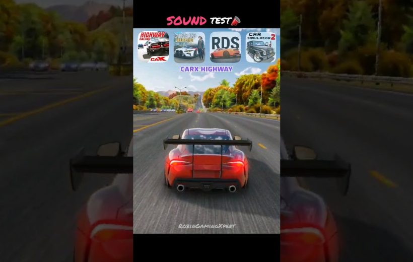 Red sports car with large rear wing racing down a tree-lined highway video screenshot