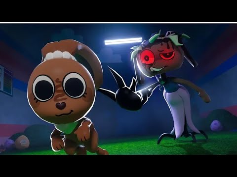 Two cartoon characters in a dark room, one chasing the other with clawed hand