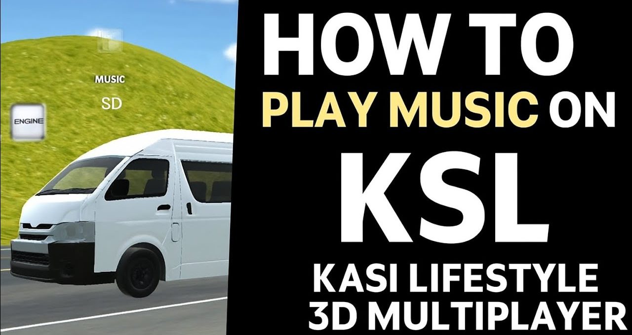 White van driving on road beside bold text reading "How to Play Music on KSL."