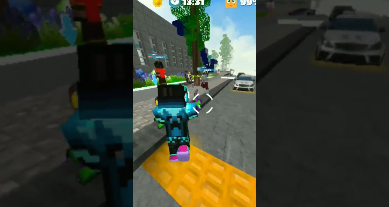 Blocky avatar character running down a city street in a colorful video game.