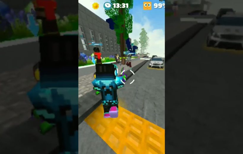 Blocky avatar character running down a city street in a colorful video game.