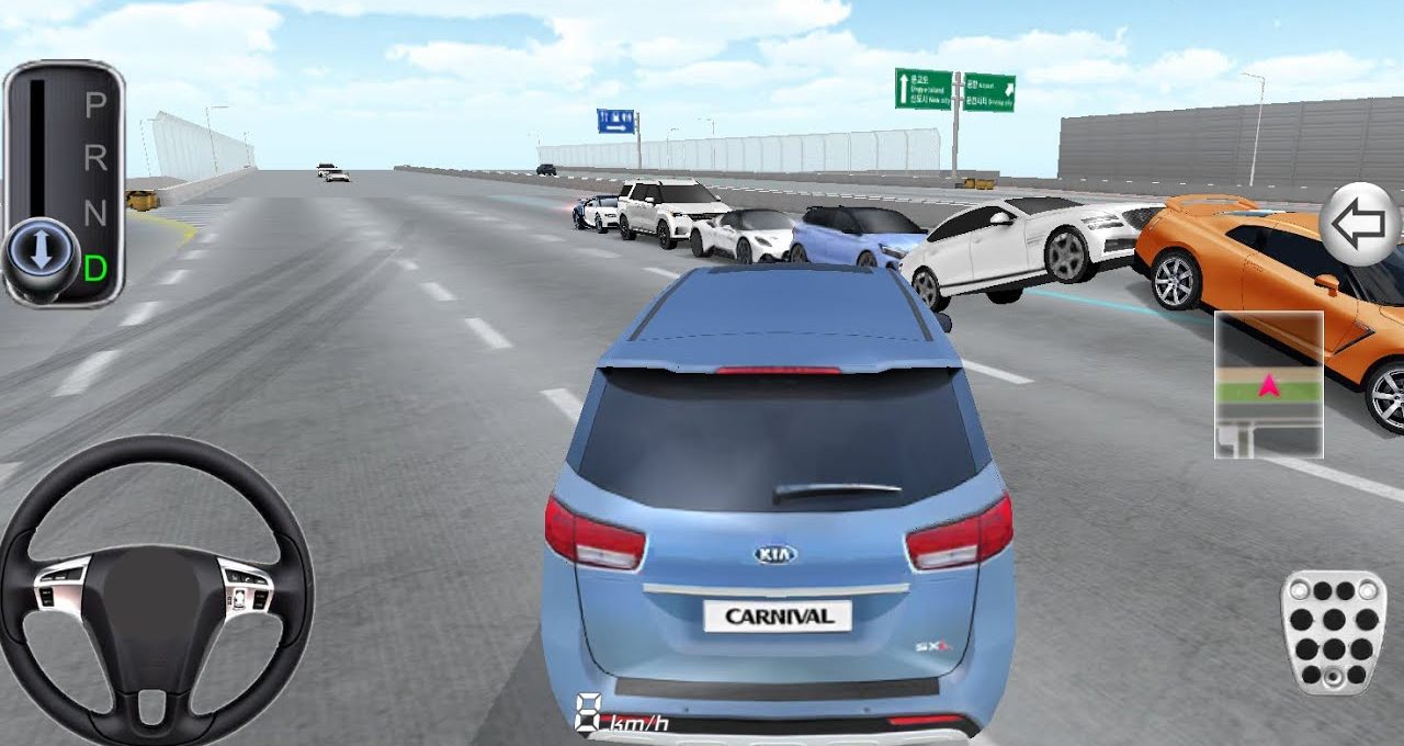Blue Kia Carnival driving on highway in traffic with multiple cars and dashboard HUD