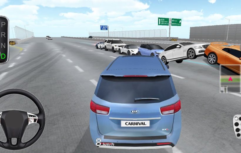 Blue Kia Carnival driving on highway in traffic with multiple cars and dashboard HUD