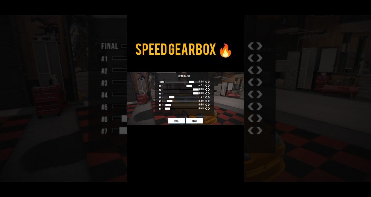 Garage game interface showing a customizable speed gearbox menu with gear ratios.