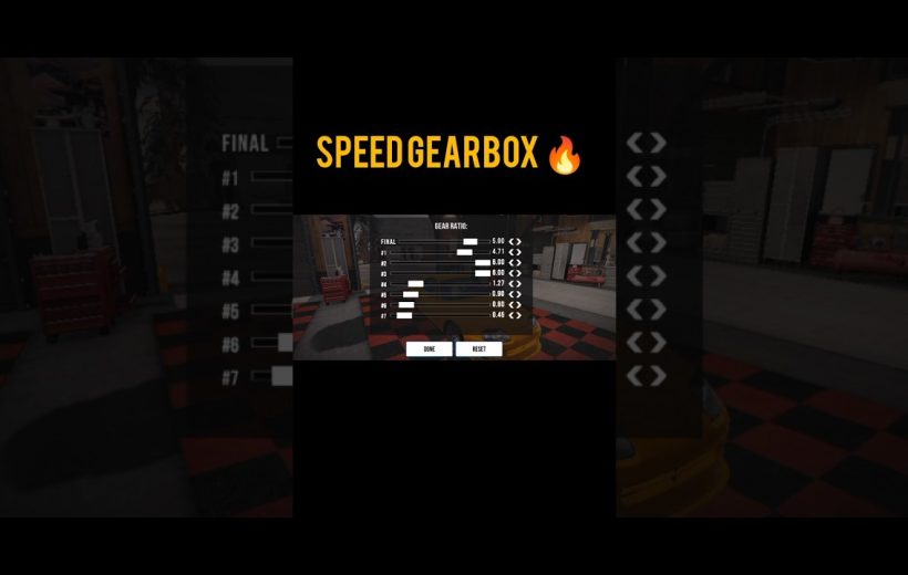Garage game interface showing a customizable speed gearbox menu with gear ratios.