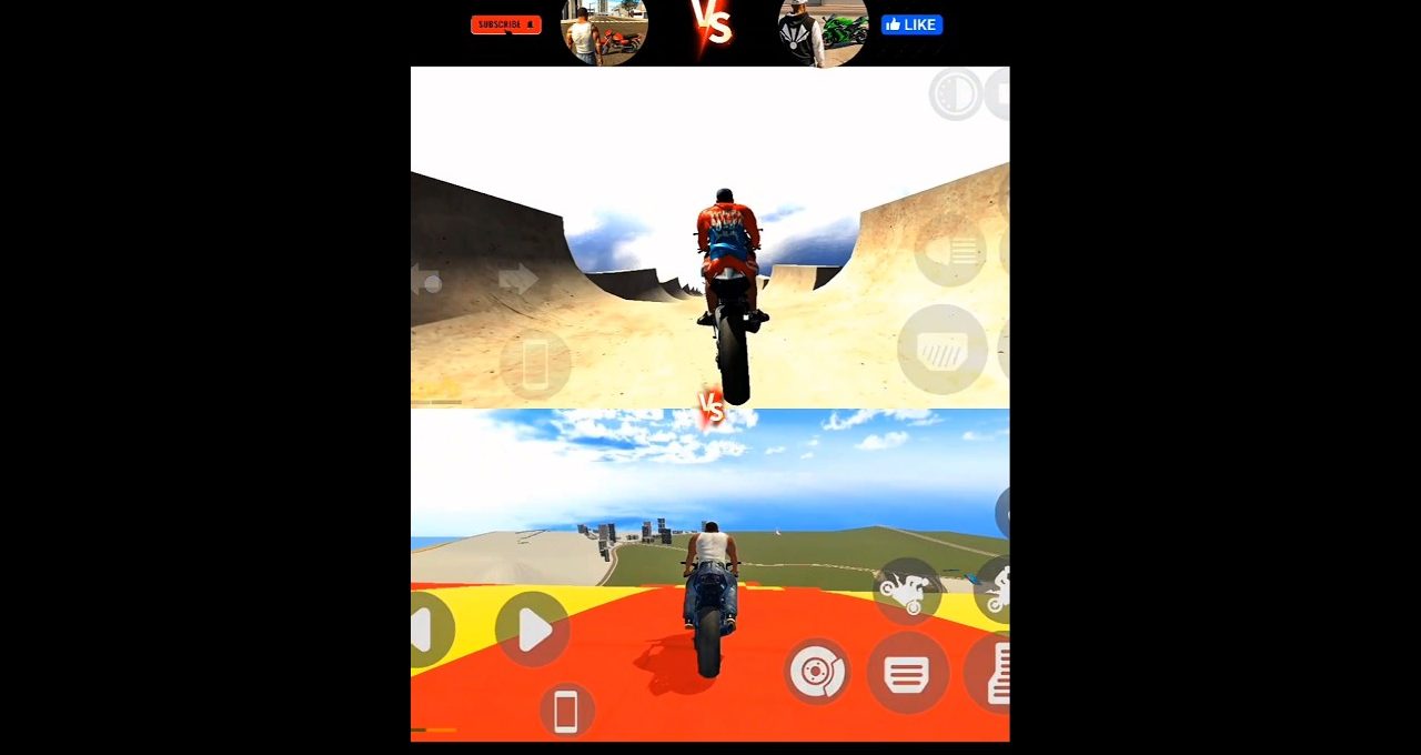 Split-screen motorcycle racing game showing two riders on ramps against sky backdrop