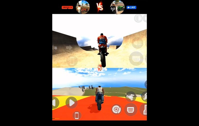 Split-screen motorcycle racing game showing two riders on ramps against sky backdrop