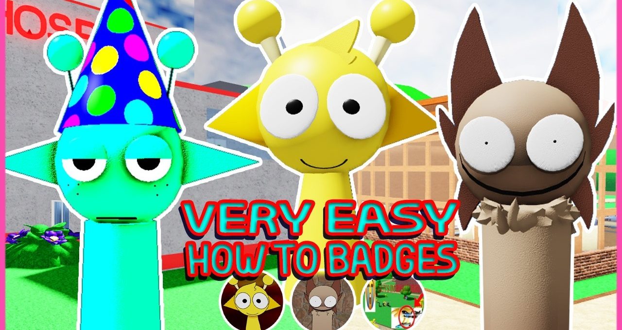 Three colorful cartoon characters with large eyes and bold "Very Easy How To Badges" text