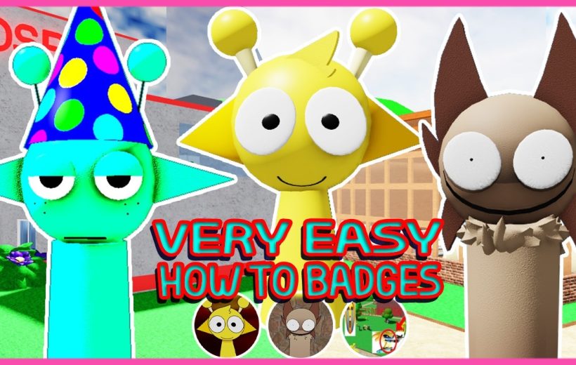 Three colorful cartoon characters with large eyes and bold "Very Easy How To Badges" text