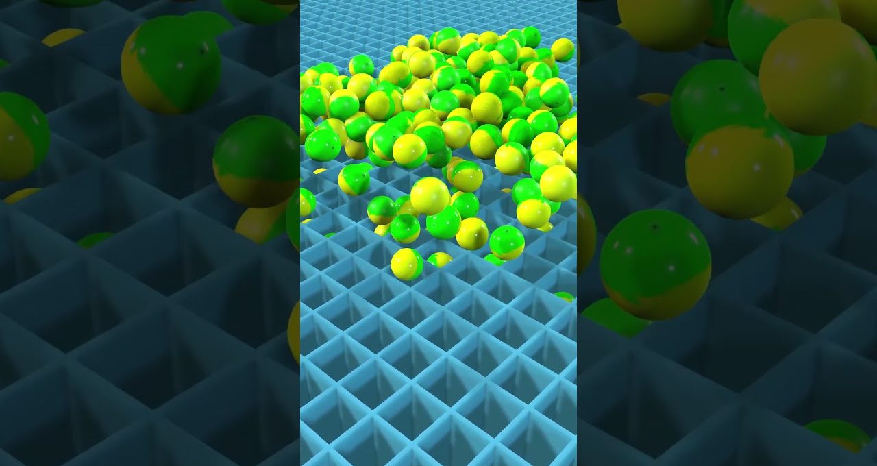 Yellow and green balls spilling across a blue grid of square compartments.