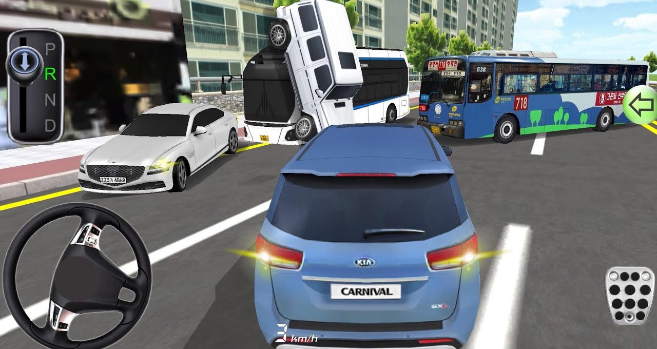 Blue minivan navigating city street with overturned bus and oncoming buses ahead