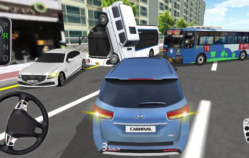 Blue minivan navigating city street with overturned bus and oncoming buses ahead