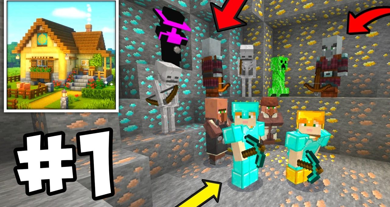 Two Minecraft players in diamond armor mining ore with mobs and village inset.