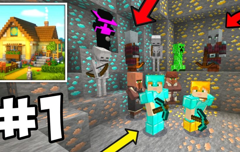 Two Minecraft players in diamond armor mining ore with mobs and village inset.