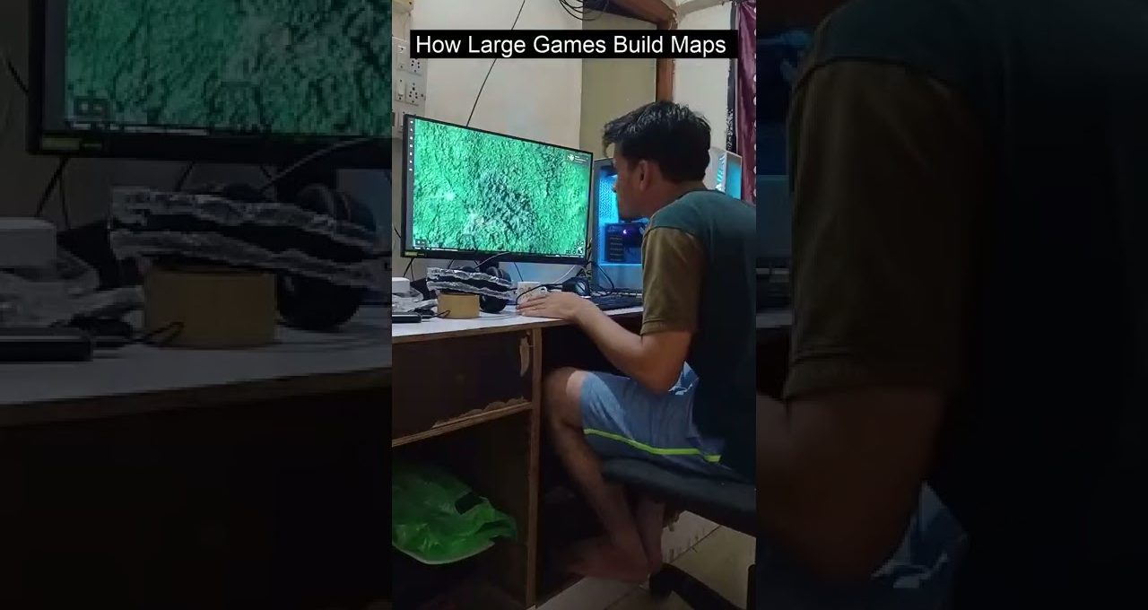 Person sitting at desk using PC with large green terrain map on monitor