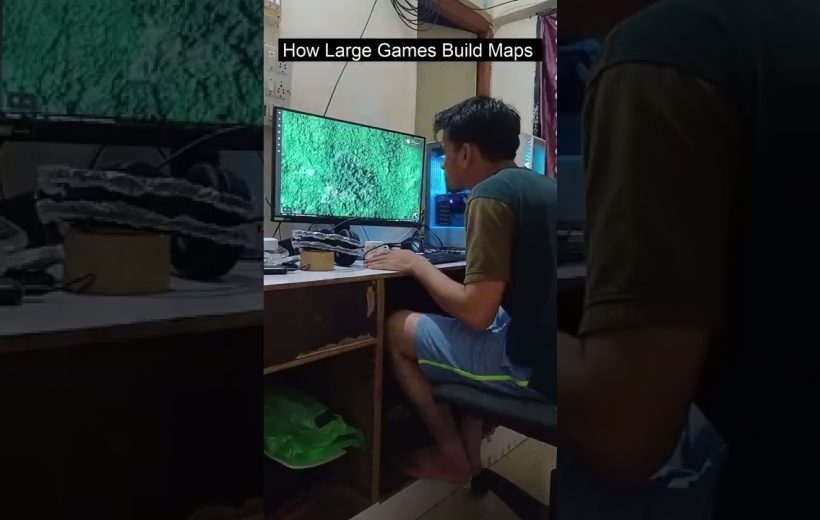 Person sitting at desk using PC with large green terrain map on monitor