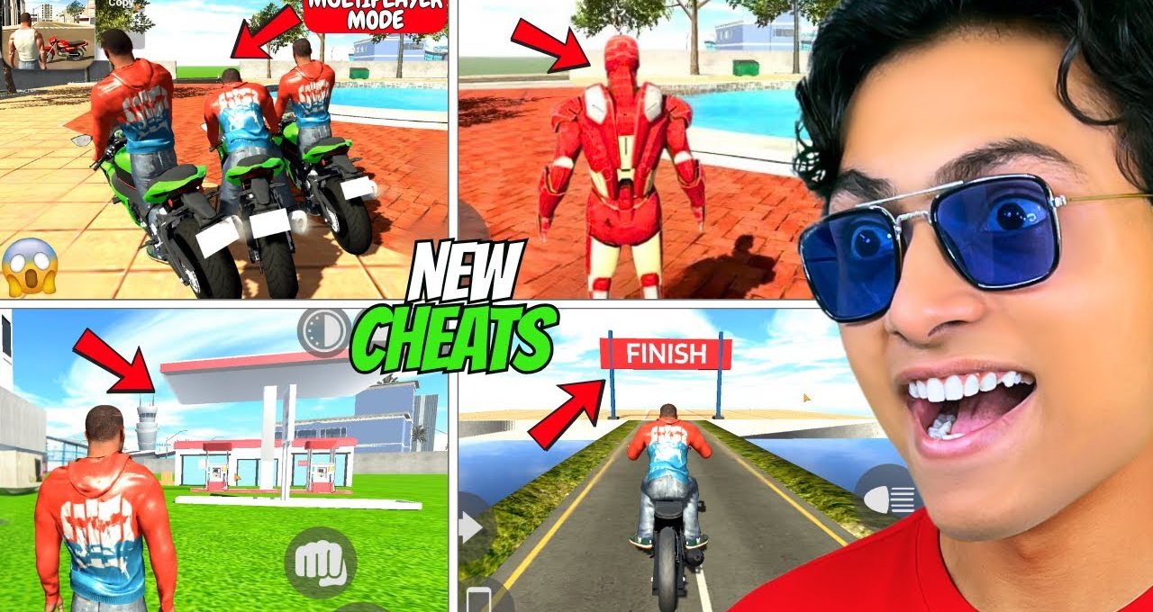 Gamer thumbnail showing excited man and motorcycle game scenes with "New Cheats" text