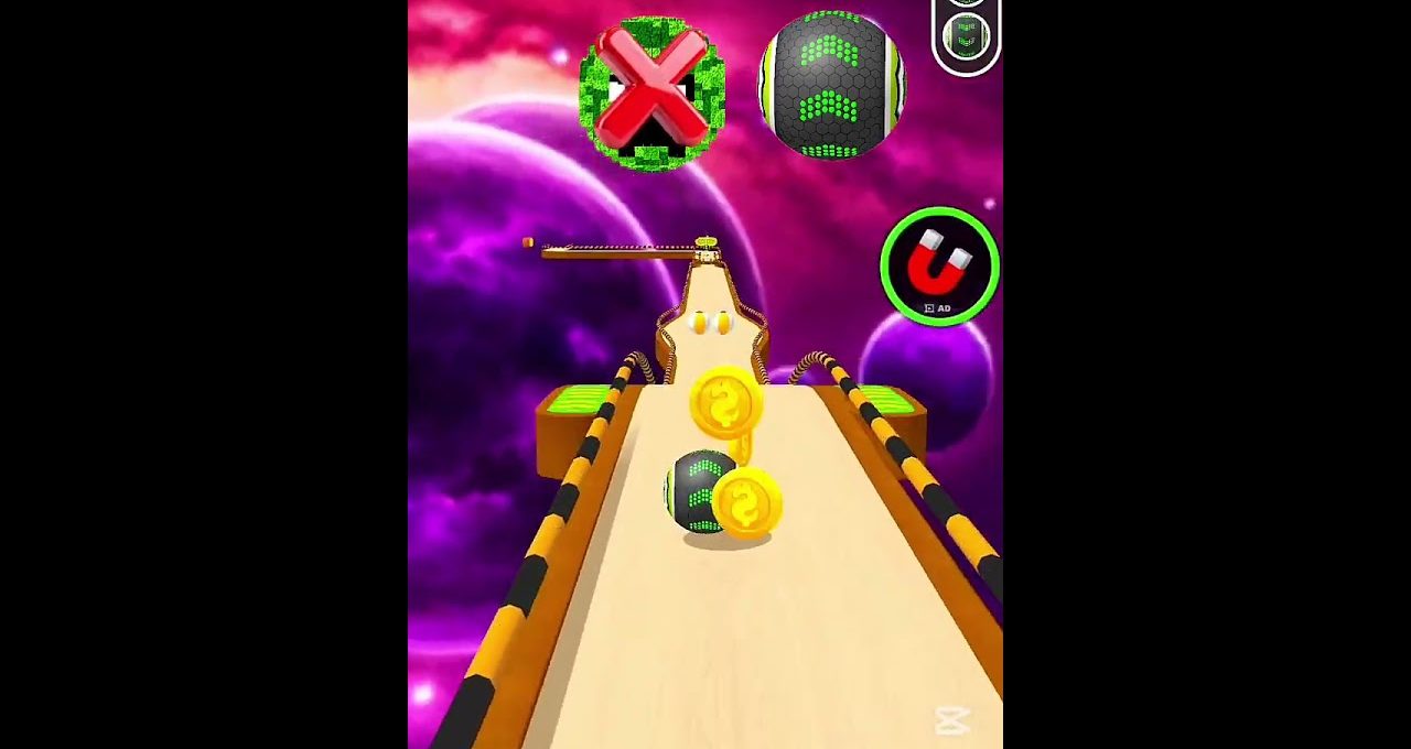 Rolling arcade ball collecting gold coins along a neon space-themed obstacle course.