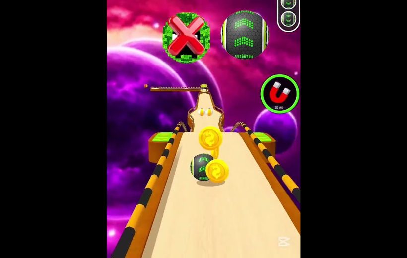 Rolling arcade ball collecting gold coins along a neon space-themed obstacle course.