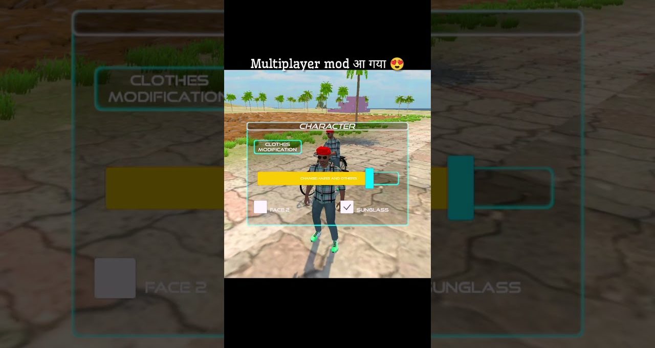 Game character customization screen showing two avatars with clothes, sunglasses, and sliders