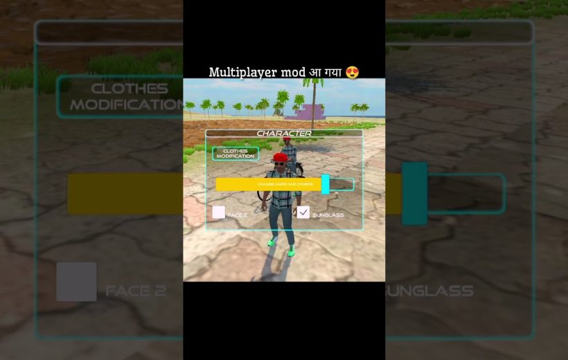 Game character customization screen showing two avatars with clothes, sunglasses, and sliders