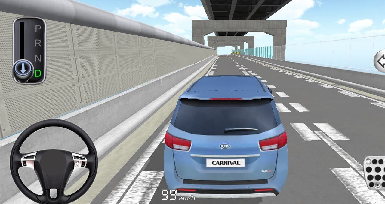 Blue Kia Carnival driving on elevated multi-lane highway in a driving simulator game