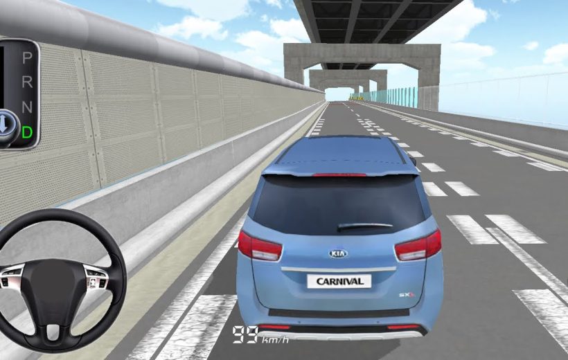 Blue Kia Carnival driving on elevated multi-lane highway in a driving simulator game