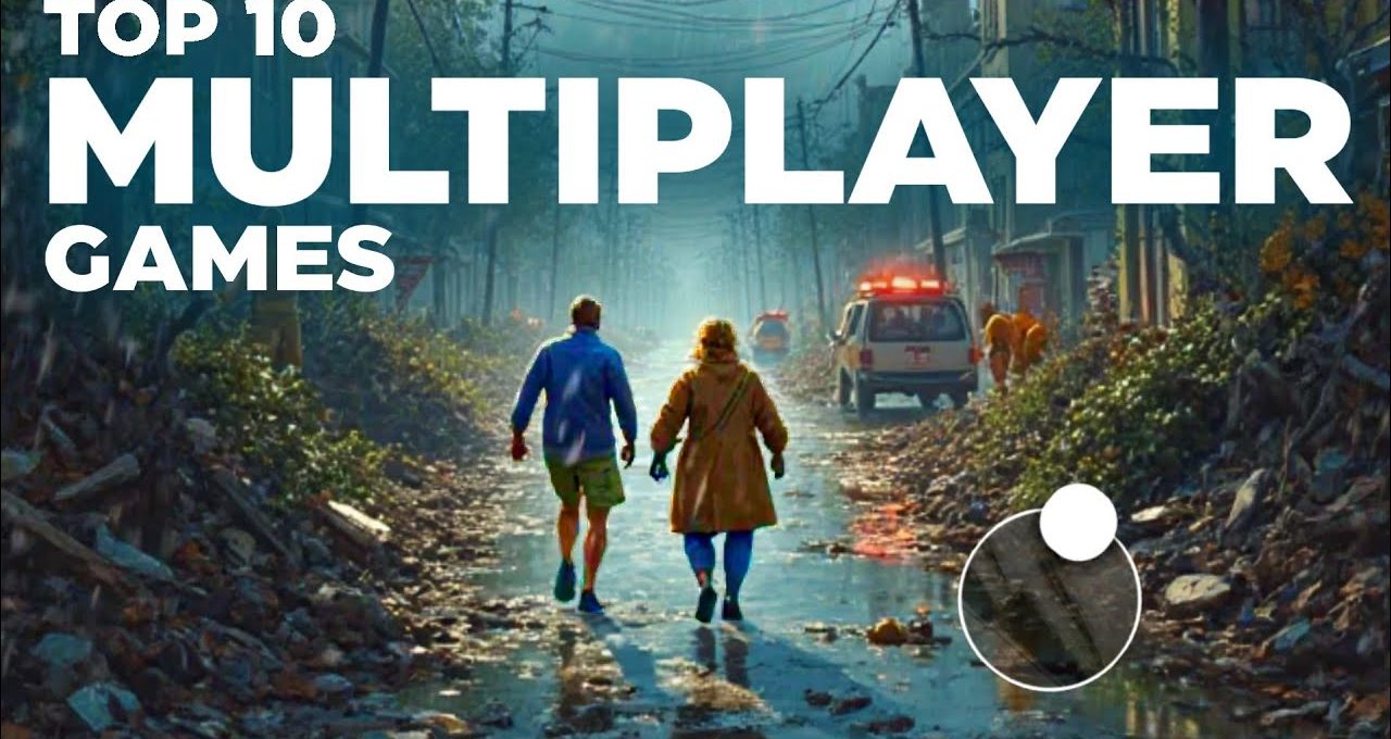 Two people walking down debris-strewn street toward ambulances under large "MULTIPLAYER" text
