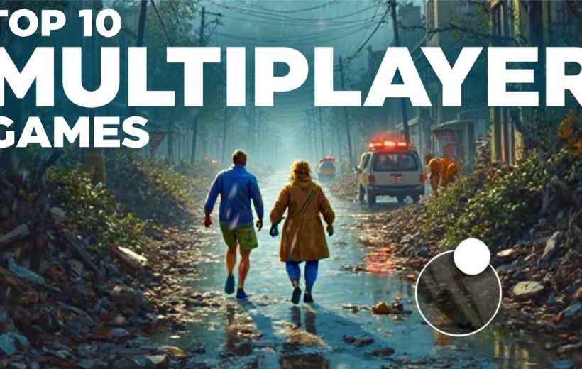 Two people walking down debris-strewn street toward ambulances under large "MULTIPLAYER" text