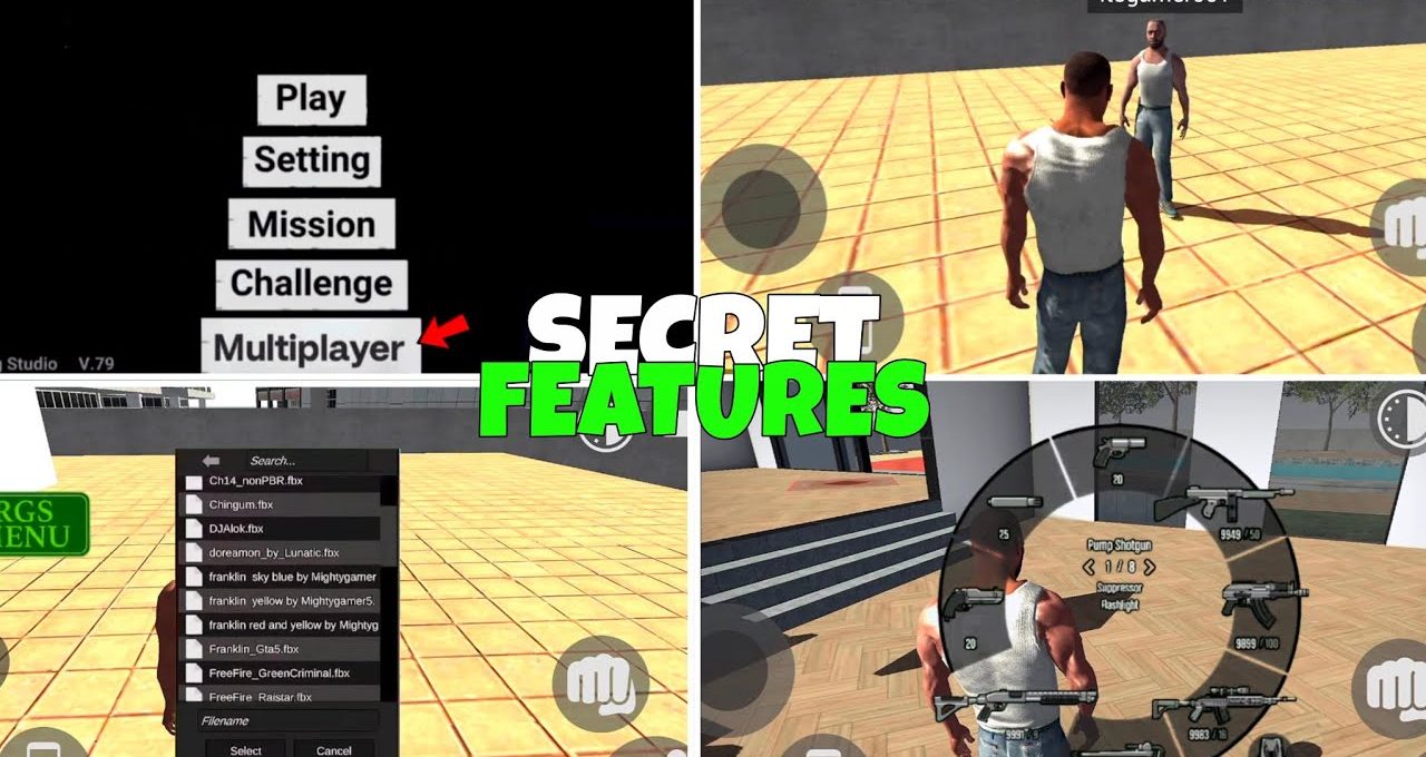 Game mod menu screenshots collage showing character, multiplayer option, weapons wheel, and file list