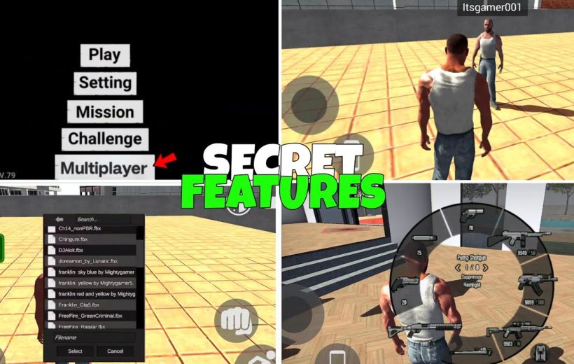 Game mod menu screenshots collage showing character, multiplayer option, weapons wheel, and file list